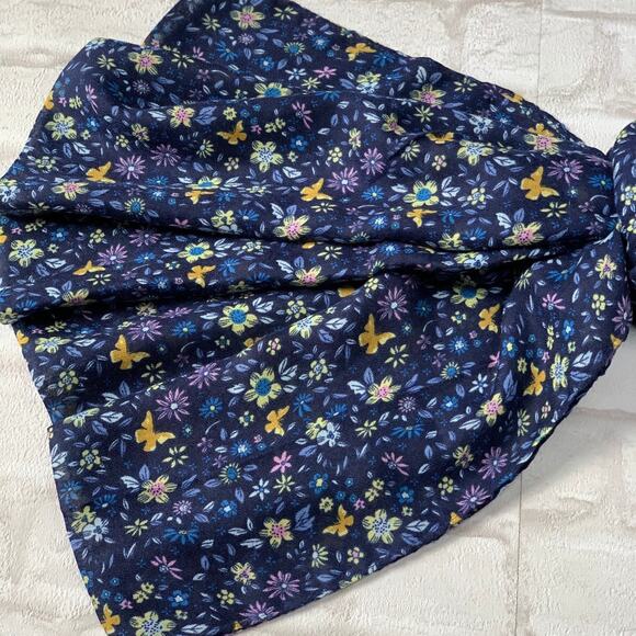 NEW Boho Butterfly Floral Design Tasseled Rectangle Soft Chic Scarf L Navy Blue - Picture 13 of 15